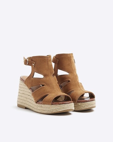 RIVER ISLAND Brown Suedette Cut Out Wedge Sandals ~ faux suede wedges for spring / summer 2024
