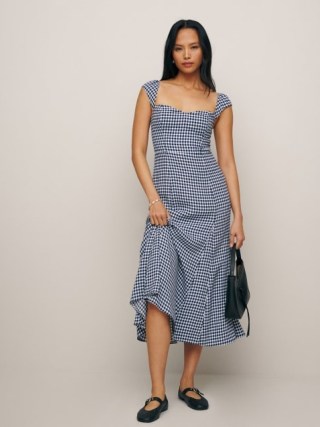 Reformation Bryson Dress in Madison Check – blue and white checked midi dresses - flipped