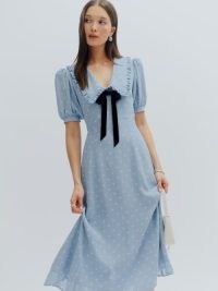 Reformation Buchanan Dress in Dewdrop ~ light blue spot print midi dresses ~ polka dot fashion ~ oversized collar ~ puff sleeve clothing