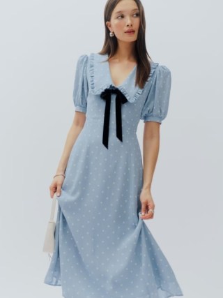 Reformation Buchanan Dress in Dewdrop ~ light blue spot print midi dresses ~ polka dot fashion ~ oversized collar ~ puff sleeve clothing - flipped