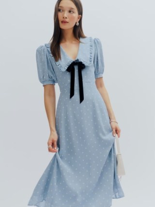 Reformation Buchanan Dress in Dewdrop ~ light blue spot print midi dresses ~ polka dot fashion ~ oversized collar ~ puff sleeve clothing