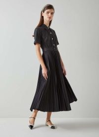 L.K. BENNETT Cally Black Pleated Shirt Dress ~ short sleeve collared dresses