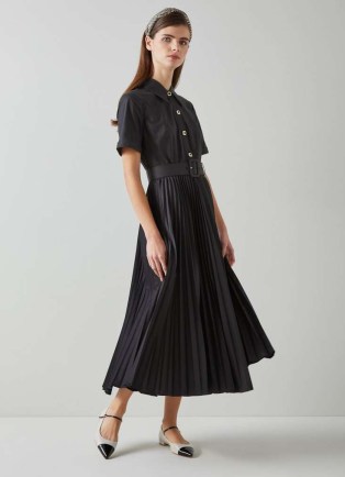 L.K. BENNETT Cally Black Pleated Shirt Dress ~ short sleeve collared dresses