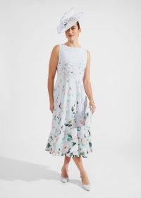 HOBBS CARLY FLORAL MIDI DRESS in Pale Blue – sleeveless fit and flare occasion dresses – mother of the bride clothing 2024