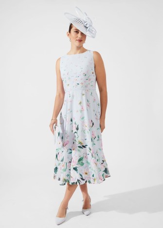 HOBBS CARLY FLORAL MIDI DRESS in Pale Blue – sleeveless fit and flare occasion dresses – mother of the bride clothing 2024 - flipped