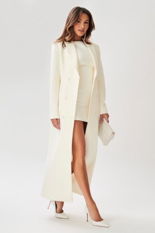 MESHKI CARVER Suiting Coat in Ivory ~ women’s longline luxe style maxi coats - flipped