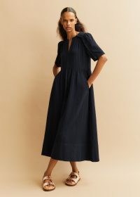 ME and EM Cheesecloth Relaxed Ruffle Midi Dress in Navy – ruffled dark blue cotton dresses