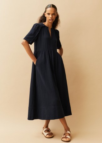 ME and EM Cheesecloth Relaxed Ruffle Midi Dress in Navy – ruffled dark blue cotton dresses - flipped