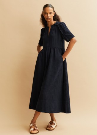 ME and EM Cheesecloth Relaxed Ruffle Midi Dress in Navy – ruffled dark blue cotton dresses