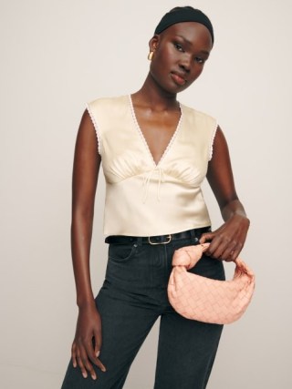 Reformation Cherry Silk Top in Almond / silky sleeveless tops / luxe fashion / lace trim - flipped