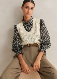 Me and Em Chunky Cotton Open Stitch Vest in Cream – knitted scooped neck vests – women’s scoop neckline tank – sleeveless sweaters