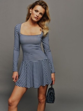 Reformation Coen Knit Dress in Madison Check / blue and white long sleeve mini dresses / fitted bodice with an A-line skirt - flipped