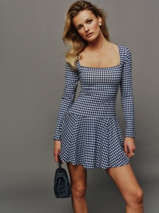 Reformation Coen Knit Dress in Madison Check / blue and white long sleeve mini dresses / fitted bodice with an A-line skirt