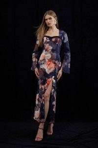 KAREN MILLEN x Katarzyna Mrożewska Contrast Satin Floral Long Sleeve Woven Midi Dress / sweetheart neckline occasion dresses