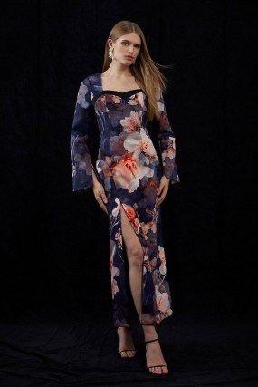 KAREN MILLEN x Katarzyna Mrożewska Contrast Satin Floral Long Sleeve Woven Midi Dress / sweetheart neckline occasion dresses - flipped