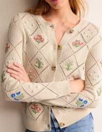 BODEN Cotton Embroidered Cardigan in Warm Ivory / women’s floral cardigans