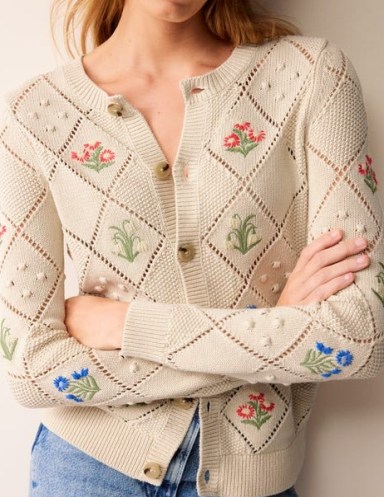 BODEN Cotton Embroidered Cardigan in Warm Ivory / women’s floral cardigans - flipped