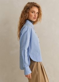 ME and EM Cotton Stripe Dipped Hem Crop Shirt in Pale Blue/White – women’s cropped curved hem shirts
