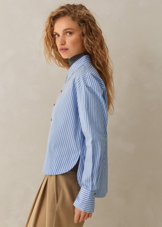 ME and EM Cotton Stripe Dipped Hem Crop Shirt in Pale Blue/White – women’s cropped curved hem shirts - flipped