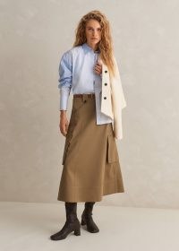 Me and Em Cotton Utility Wrap Midi Skirt in Tan – brown side pocket A-line cargo skirts –