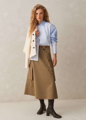 Me and Em Cotton Utility Wrap Midi Skirt in Tan – brown side pocket A-line cargo skirts – - flipped