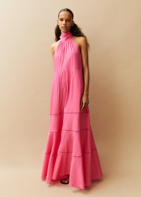 Me and Em Cotton Voile Halterneck Full-Length Dress in Ultra Pink – halter neck front keyhole cut out maxi dresses - flipped