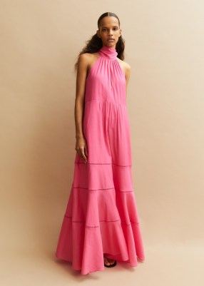 Me and Em Cotton Voile Halterneck Full-Length Dress in Ultra Pink – halter neck front keyhole cut out maxi dresses