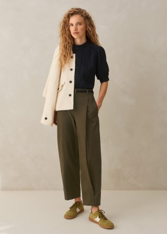 ME and EM Cotton-Blend Tapered Pleat Trouser in Dark Olive ~ women’s green high rise trousers - flipped