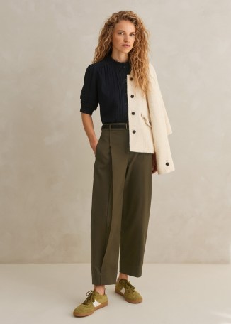 ME and EM Cotton-Blend Tapered Pleat Trouser in Dark Olive ~ women’s green high rise trousers