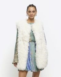 RIVER ISLAND Cream Faux Fur Gilet ~ women’s fluffy gilets ~ womens vintage style sleeveless jacket ~ 70s inspired fashion