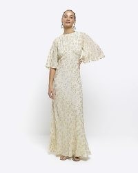 Cream Glitter Star Bodycon Maxi Dress ~ wide sleeve vintage style evening dresses ~ glamorous party fashion