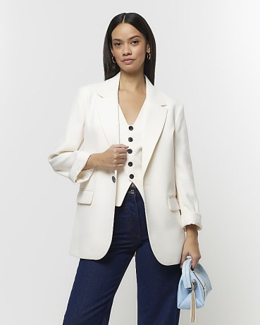 RIVER ISLAND Cream Rolled Sleeve Relaxed Blazer ~ women’s one button closure blazers ~ fashionable single breasted jackets - flipped