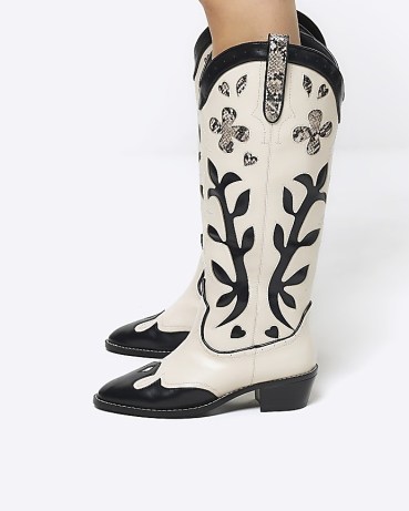 RIVER ISLAND Cream Western High Boots ~ women’s ornate cowboy boots - flipped