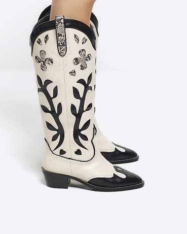 RIVER ISLAND Cream Western High Boots ~ women’s ornate cowboy boots