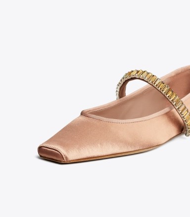 TORY BURCH CRYSTAL BALLET in Vintage Mauve / Smoked Topaz – embellished square toe flat – luxe satin flats – luxury ballerina shoes - flipped