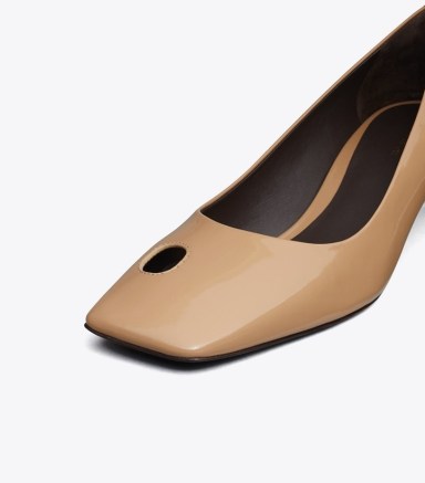 TORY BURCH CUT-OUT KITTEN HEEL PUMP in Almond Shell – square toe angled heels – cut out detail patent leather shoes - flipped