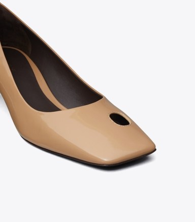 TORY BURCH CUT-OUT KITTEN HEEL PUMP in Almond Shell – square toe angled heels – cut out detail patent leather shoes