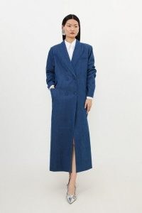 KAREN MILLEN Denim Double Breasted Maxi Coat in Indigo – women’s blue longline coats
