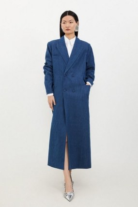KAREN MILLEN Denim Double Breasted Maxi Coat in Indigo – women’s blue longline coats - flipped