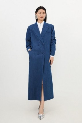 KAREN MILLEN Denim Double Breasted Maxi Coat in Indigo – women’s blue longline coats