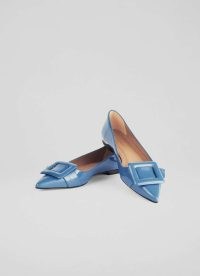 L.K. Bennett Devon Blue Patent Leather Buckle Flats | glossy pointed pumps | luxe flat shoes
