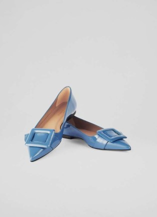 L.K. Bennett Devon Blue Patent Leather Buckle Flats | glossy pointed pumps | luxe flat shoes - flipped