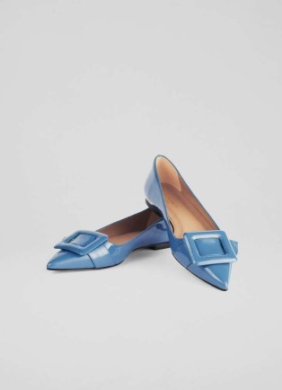 L.K. Bennett Devon Blue Patent Leather Buckle Flats | glossy pointed pumps | luxe flat shoes