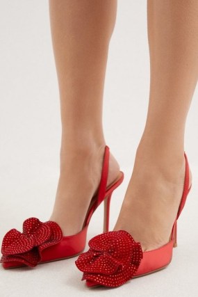 KAREN MILLEN Diamante Floral Stiletto Heel in Red / rosette detail stilettos / party slingbacks / glamorous high heel slingback occasion shoes - flipped