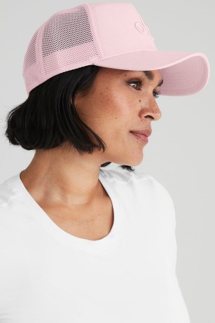 alo yoga DISTRICT TRUCKER HAT in Powder Pink ~ mesh panel caps ~ women’s casual hats - flipped