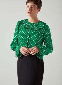 L.K. BENNETT Dita Green and Blue Spot Print Blouse / pleated polka dot blouses