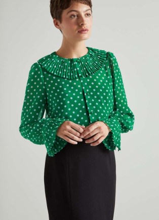L.K. BENNETT Dita Green and Blue Spot Print Blouse / pleated polka dot blouses - flipped