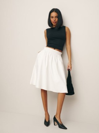 Reformation Dove Skirt in White – women’s pull on smocked waist A-line skirts