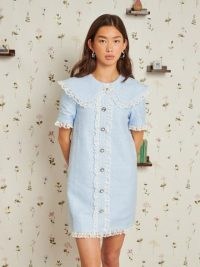 sister jane Treasured Tweed Mini Dress in Xenon Blue – lace trimmed oversized collar dresses – DELIGHTFUL THINGS
