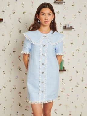 sister jane Treasured Tweed Mini Dress in Xenon Blue – lace trimmed oversized collar dresses – DELIGHTFUL THINGS